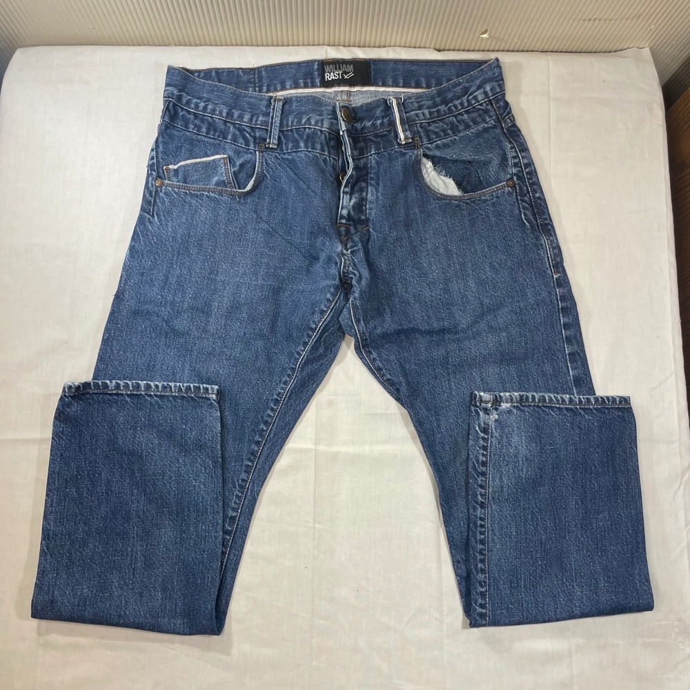 William Rast Mens Tapered Leg Blue Jeans 34x30 Medium Wash Button Fly Cotton